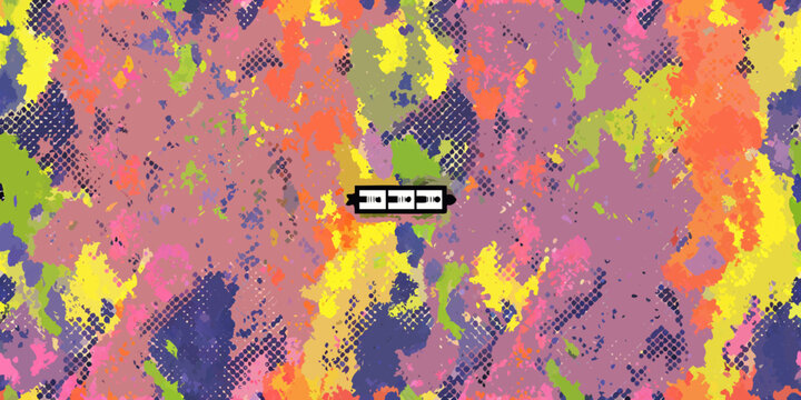 Colorful halftone pattern with abstract shapes and a black rectangular element