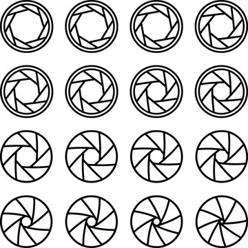 Camera shutter aperture setting icon collection with f stop