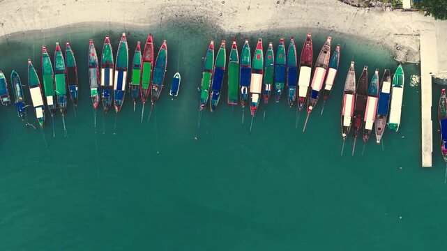 Colorful Thai Longtail Fishing Boats Moored at Pier Aerial View Ko Samui Thailand