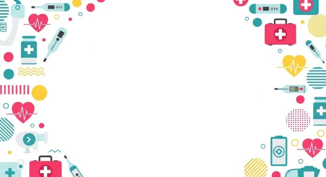 Health care background with medical tools and first aid kit icons on white border design.
