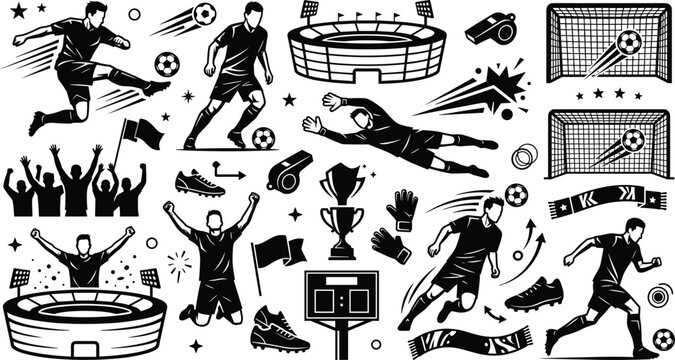 Soccer and Football Silhouette Icon Set with Dynamic Players, Stadium Arena, Goal Gates, Trophies, Scoreboard, and Cheering Fans for Sport Designs