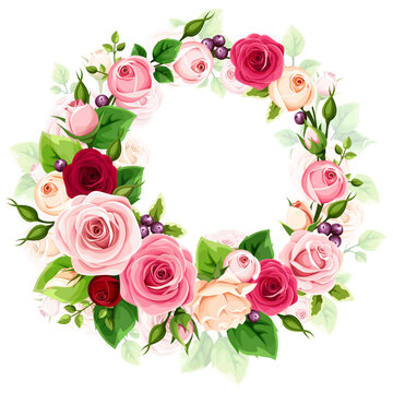 Floral wreath with red, pink, and white rose flowers and green leaves. Vector greeting card design