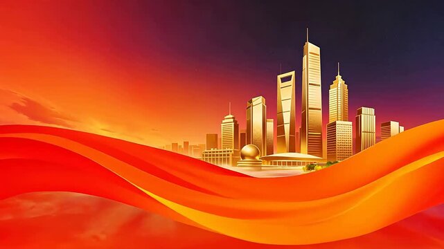 Golden city skyline with flowing red waves