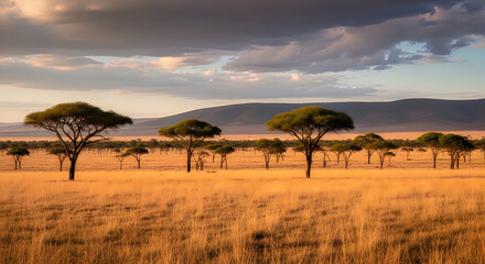 Fototapeta premium African savanna landscape with acacia trees at golden hour sunset