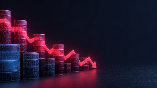 A graphic illustration depicts a sharp decline in oil prices. ..Created with Generative AI, not depicting real subjects.