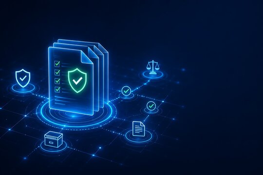Digital Compliance Document Security with Legal Icons and Connected Network on Dark Blue Background