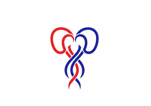 Abstract intertwined red and blue elephants minimalist vector icon