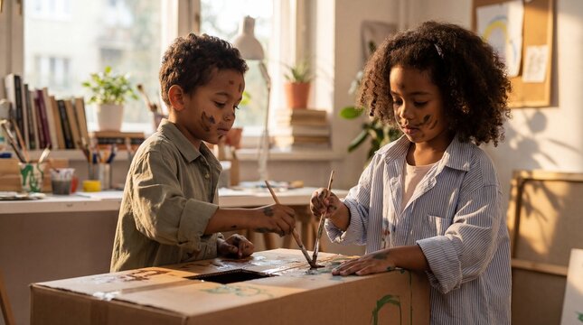 Creative African American siblings painting a cardboard box together at home.