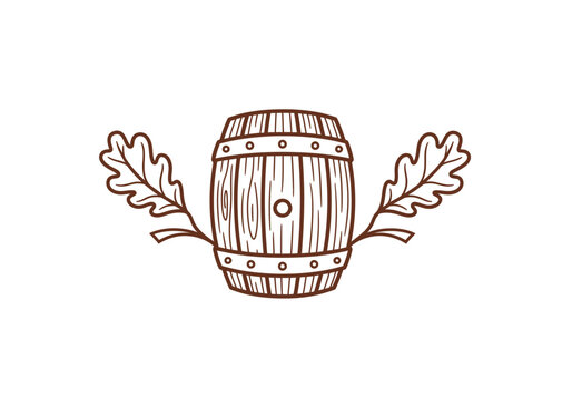 Brown wooden barrel illustration with oak leaves on white background