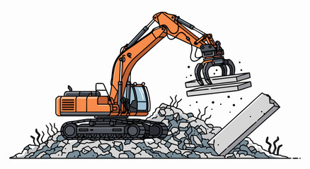 Orange Hydraulic Excavator With Grapple Attachment Demolishing Concrete Vector Illustration 47 © Purnomo