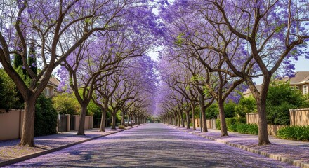 Fototapeta premium Beautiful Residential Street Lined with Blooming Purple Jacaranda Trees in Spring Season
