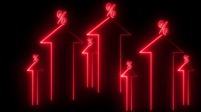 Interest rate increase concept. Businessman use a Neon up arrow with percentage symbols and upward arrows, symbolizing rising interest rates. financial growth, dividend yield, income,