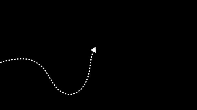Dotted wave arrow path. Curved navigation line.movement indicator black background.animation 4k video