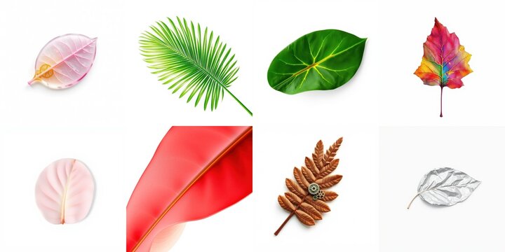 Various colorful leaves displayed against white background. Shapes, sizes, hues differ creating vibrant botanical collection.