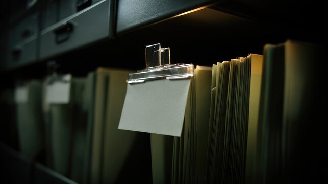 Shadowy file cabinets hold manila folders with blank tags, organized