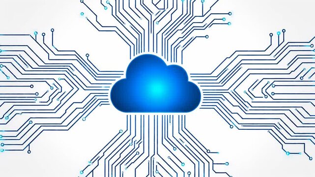 Blue cloud computing icon with circuit board lines pattern.
