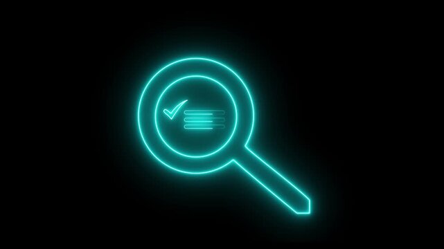 Neon search icon animation. outline neon magnifying glass icon .Glowing neon magnifying Glass Icon Magnifying glass zoom icon,scanning a list with a check on black background animation 4k video
