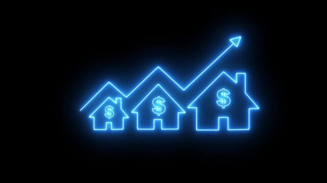 Home icon house sign neon lights animation with up arrow Dollar increase. Neon House, home building animation. Neon line of Dollar sign with up arrow inside house icon on transparent background