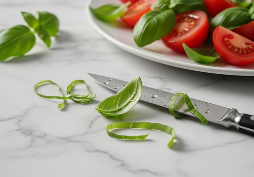 Fresh basil leaves being cut into a chiffonade style with a professional kitchen knife on a white marble countertop next to a tomato salad.