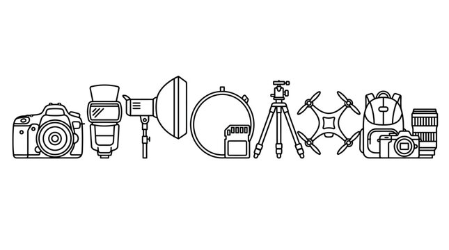 Line art illustration of professional photography and videography equipment collection.