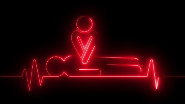 neon heartbeat icon animation. CPR chest compressions showing medical resuscitation technique for training, safety, and emergency education. CPR chest compressions animation 4k video