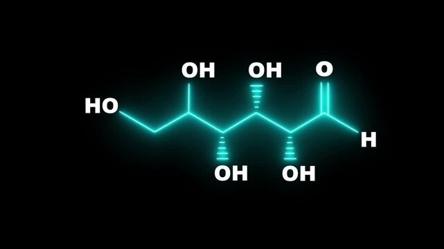neon Glucose molecule on black Background. glowing formula of Glucose. Glucose Molecular Structure Symbol icon Animation 4k video