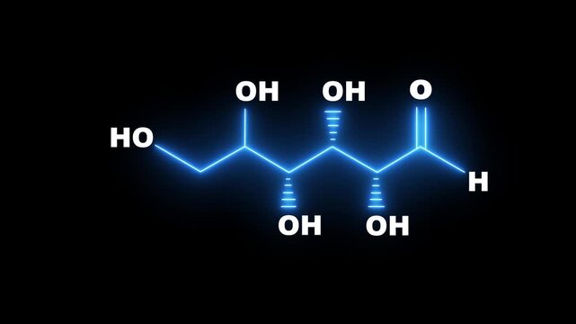 neon Glucose molecule on black Background. glowing formula of Glucose. Glucose Molecular Structure Symbol icon Animation 4k video