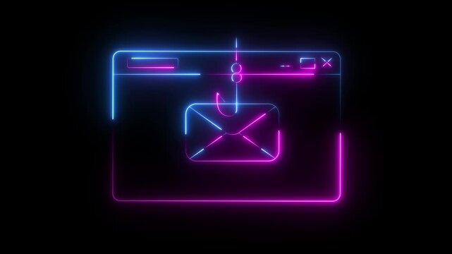 Neon Email Phishing Scam Icon Isolated Fishing hook stealing envelope from browser window. Concept of email phishing and email scams representing online on Black Background animation 4k video