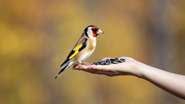 A Goldfinch perched on a hand full of seeds, with a blurred background.