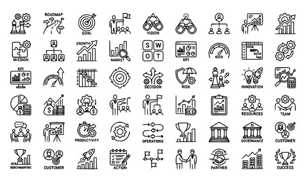 Business Strategy and Management Icon Set with Roadmap Goal Vision KPI SWOT Mission Innovation Risk Decision Governance and Success Line Vector Icons