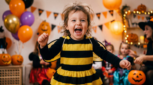 Halloween toddler in bee costume playing at party for festive celebration fun marketing materials
