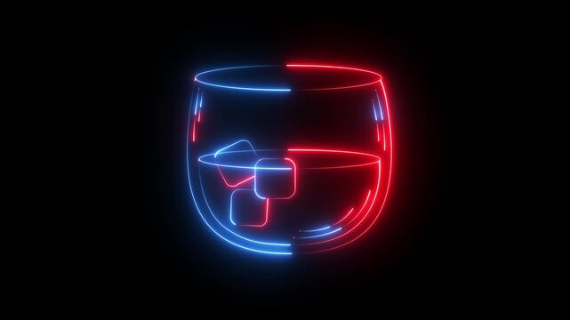 Glowing neon Glass of whiskey and ice cubes icon isolated on black background. Whiskey ice cube glass