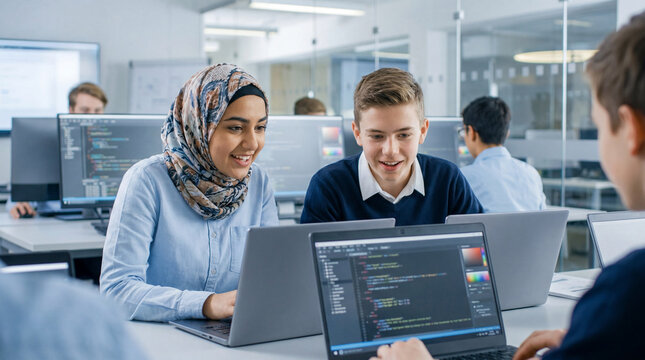 Back to school high school students learning computer programming focused excited in technology lab for education magazine cover STEM coding diversity
