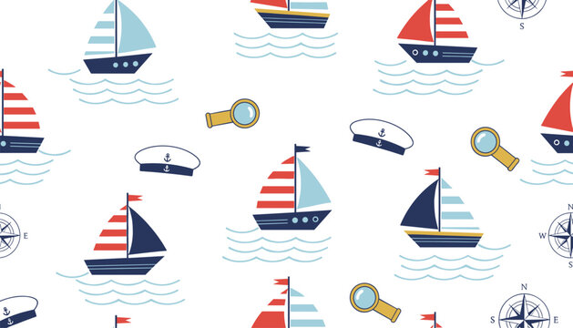 Seamless cartoon pattern of small sailboats, captain hats, spyglasses, and compasses over gentle ocean waves.