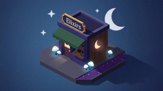 Enchanting Isometric Elixir Shop Under a Crescent Moon.