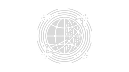 Minimalist line art illustration of a stylized globe with orbiting data connections. © joho