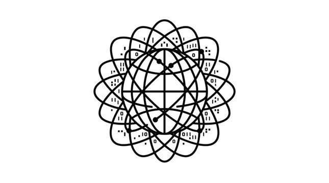 Abstract geometric globe icon with intersecting orbital rings and binary code elements.