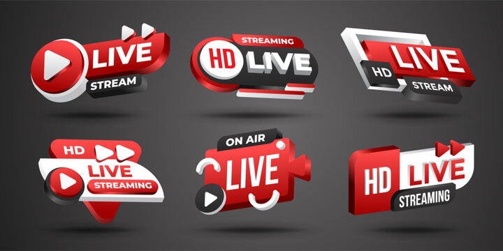 Creative collection of modern live streaming and HD broadcast icons featuring play buttons and dynamic labels