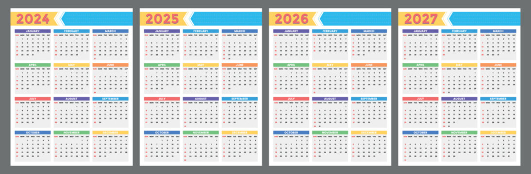 Four Yearly Calendar Pages Displaying Months from 2024 to 2027 with Colorful Month Headers and Grid Layouts