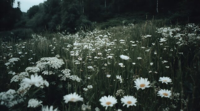 Moody field of white daisies and wildflowers in a dark forest under overcast lighting