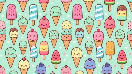 Kawaii pattern with various cute ice cream cones and popsicles popsicle illustration seamless background character