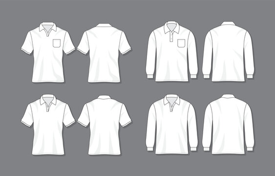 Illustrated collection of white polo shirts and long sleeve button down shirts shown from front and back views
