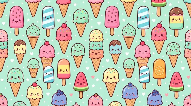 Kawaii pattern with various cute ice cream cones and popsicles popsicle illustration seamless background character