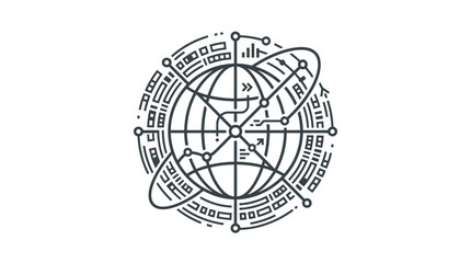 A detailed line art illustration of a stylized globe with digital data elements. © joho