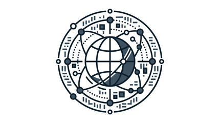 A stylized circular graphic featuring a globe surrounded by interconnected nodes and data patterns. © joho