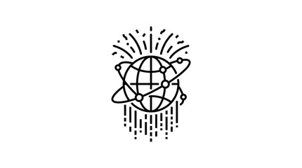 Minimalist line art illustration of a digital globe with orbiting nodes and data streams. © joho