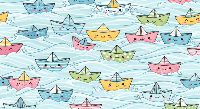 Kawaii pattern with cute paper boats on ocean waves nautical background wallpaper illustration children minimalist