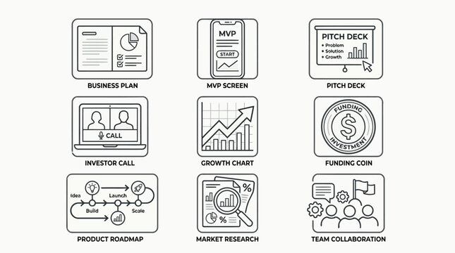 Business plan MVP screen pitch deck investor call growth chart funding coin.