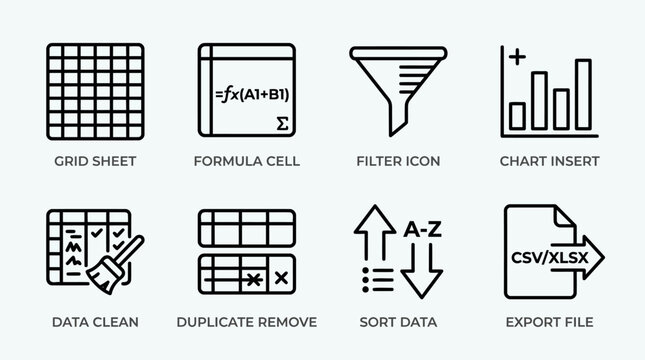 Data management and spreadsheet icons for financial analysis grid sheet and export tools.