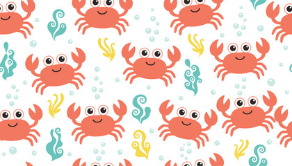 Fototapeta premium Seamless pattern of cute cartoon red crabs, seaweeds and bubbles on white background for fabric and wallpaper.